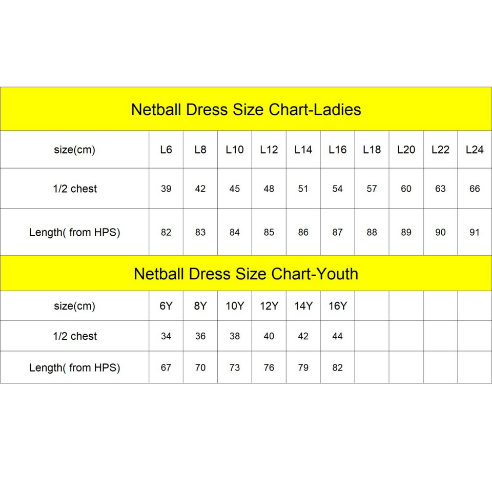 Netball dress youth and ladies size chart with garment measurements in centimetres