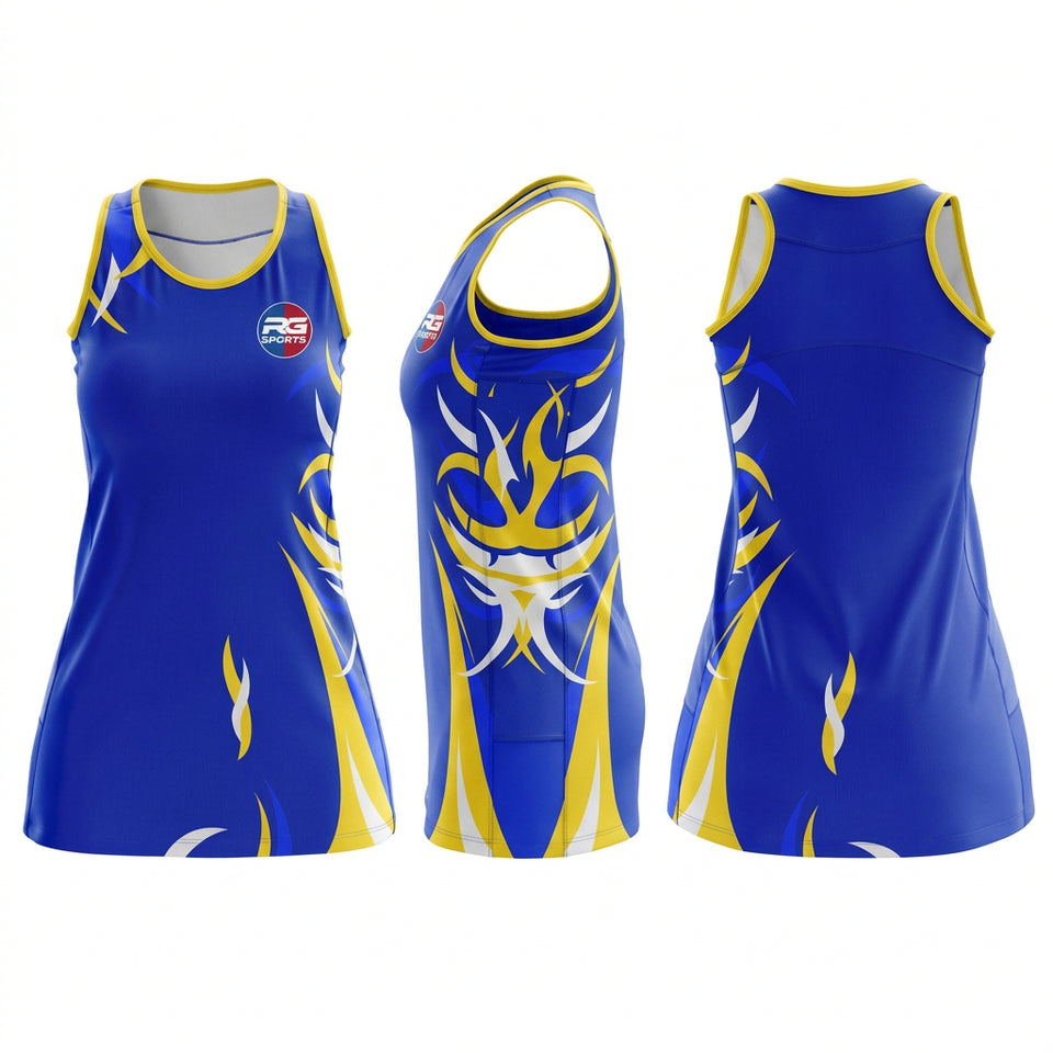 Royal blue custom netball dress with gold and white accents shown from front side and back