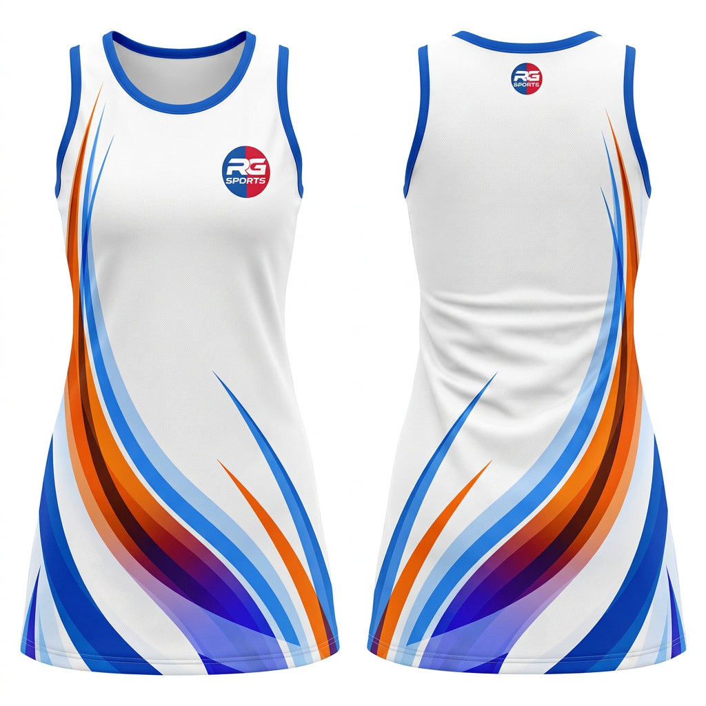 White custom netball dress with blue and orange sweep design shown front and back