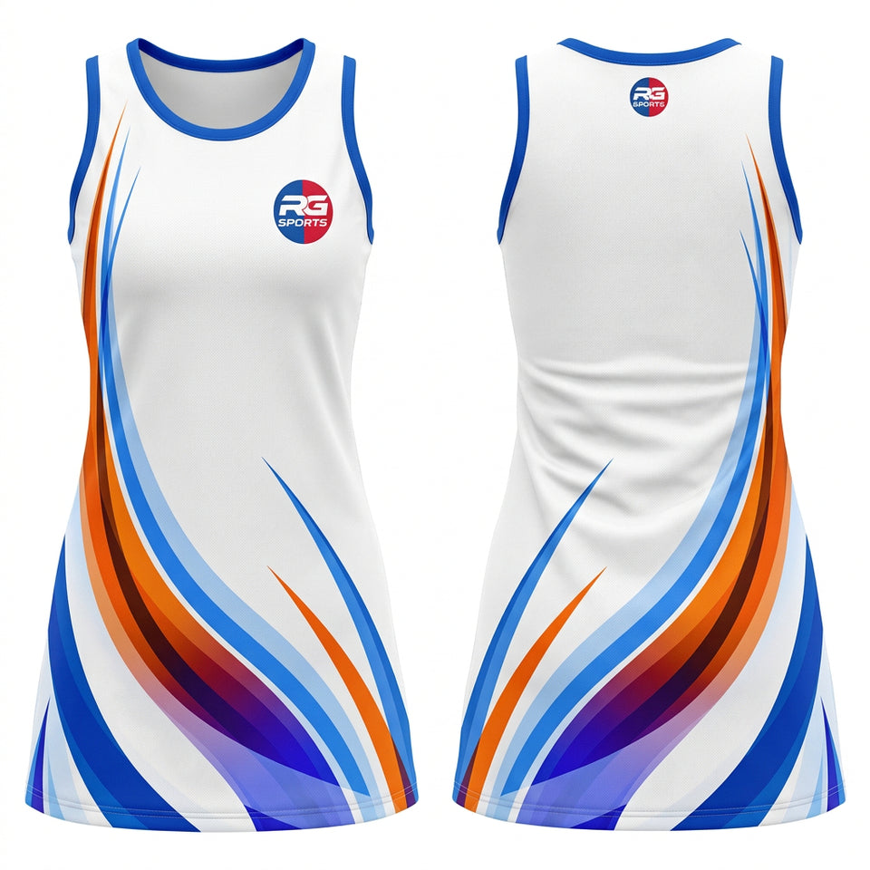 White custom netball dress with blue and orange sweep design shown front and back