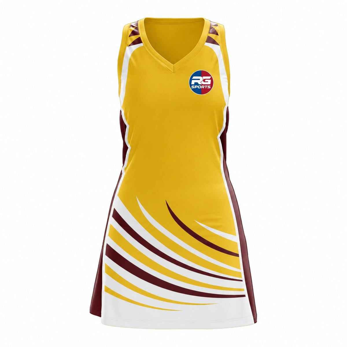 Gold, maroon and white custom netball dress design for teams