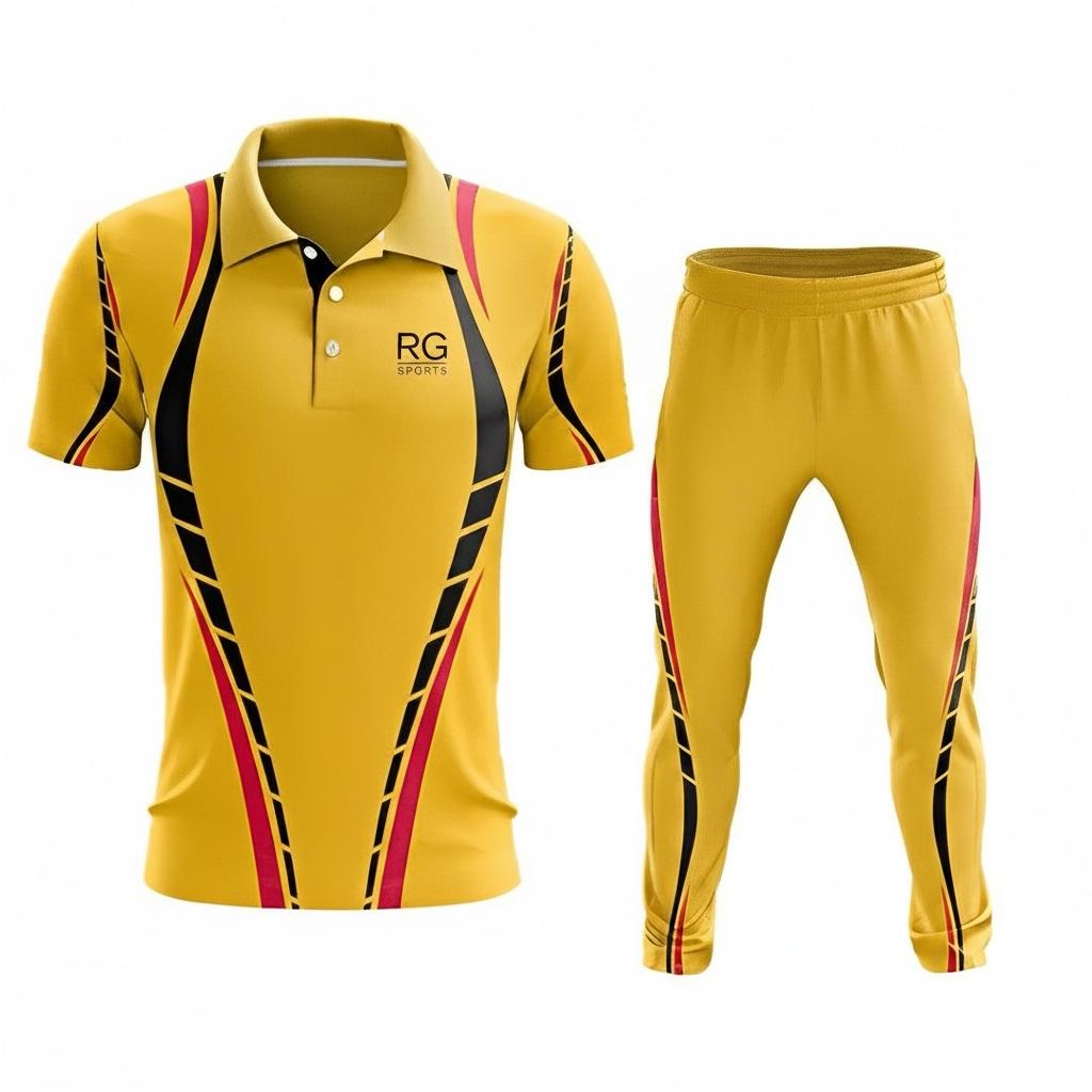 Gold black and red custom cricket jersey and trousers – Golden Velocity uniform
